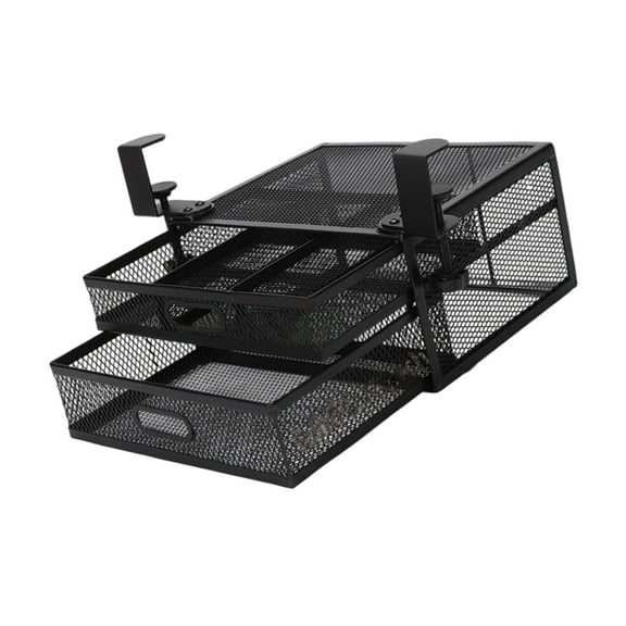 Black Metal Under Desk Organizer Two Sliding Drawers Home Office Storage Basket
