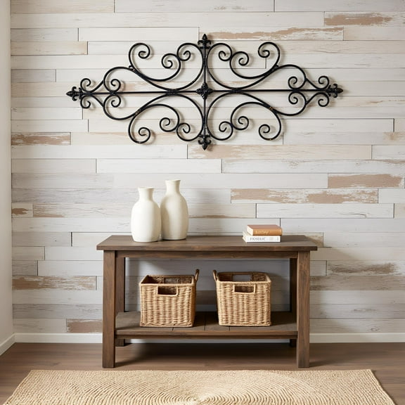 Black Metal Wall Art 45x18 Inch, Rustic Wrought Iron Scroll Wall Decor, Large Antique Hanging Accents for Living Room, Bedroom, Entryway Home Decor