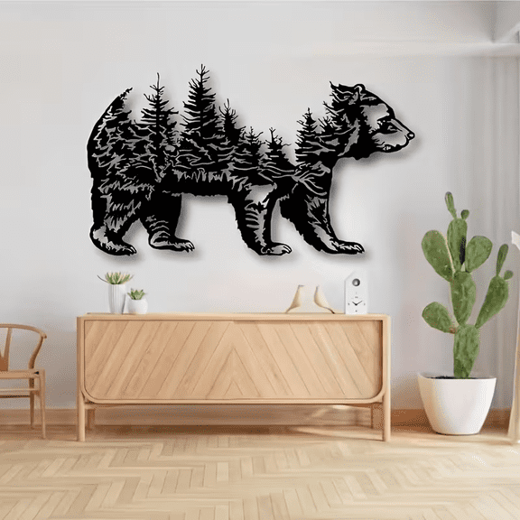 Black Metal Wall Art, Bear and Forest Silhouette, Indoor Outdoor Decor