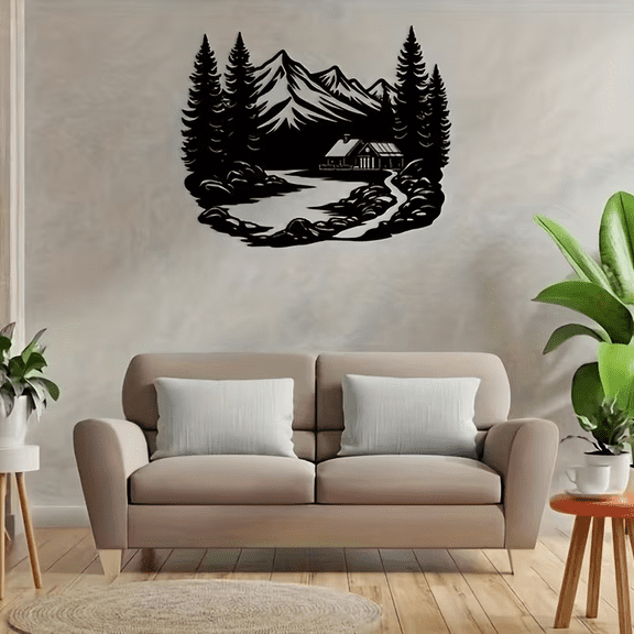 Black Metal Wall Art, Mountain and Pine Tree Cabin Silhouette Design, Indoor Outdoor Decor