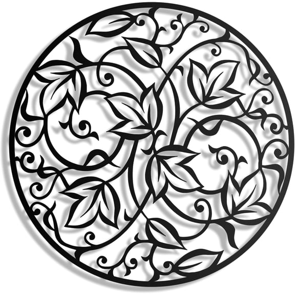 Black Metal Wall Art, Round Leaf Mandala Wall Decor, Modern Farmhouse Botanical Wall Hanging, Rustic Metal Wall Decoration for Living Room, Bedroom, Entryway, Gift (27"x27")