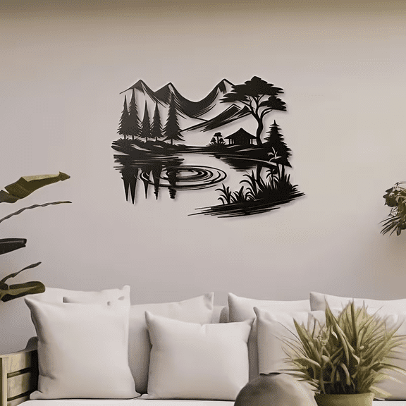 Black Metal Wall Art, Rustic Mountain Lake and Cabin Design, Indoor Wall Decor