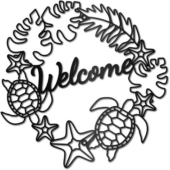 Black Metal Wall Art Turtle Wall Decor Sea Coastal Turtle Starfish Seaweed Sculptures Wall Hanging Decor Welcome Sign for Hawaiian Living Room Bedroom Indoor Outdoor 11.8 x11.8 Inch 1pc