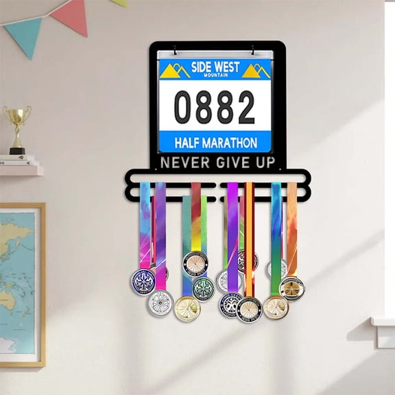 Black Metal Wall Decor, Iron Holder Wall Mounted, Trophy Display, Wall Mounted Organizer, 14X12 Inch Never Give Up Medal and Hook Rack, 2 Included Hooks for Athlete Gifts, Gamer