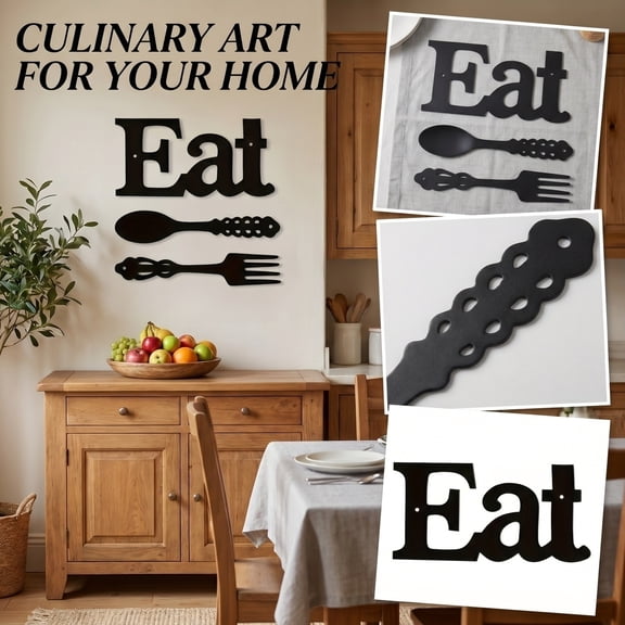 Black Metal Wall Decor, Wall Decorations for Living Room 3-Piece Eat Word Sign Fork Spoon Metal Wall Hanging Set, Kitchen Wall Art, Home Wall Decor, Lightweight Iron Craft Wall