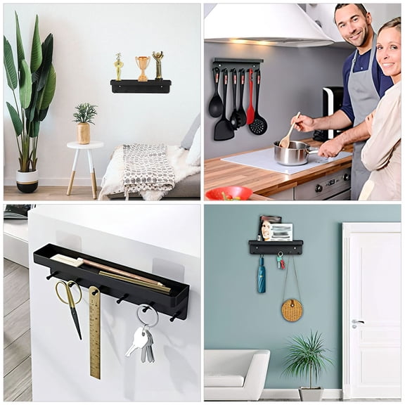 Black Metal Wall Key Holder with Tray Decorative Organizer for Entryway and Home Storage