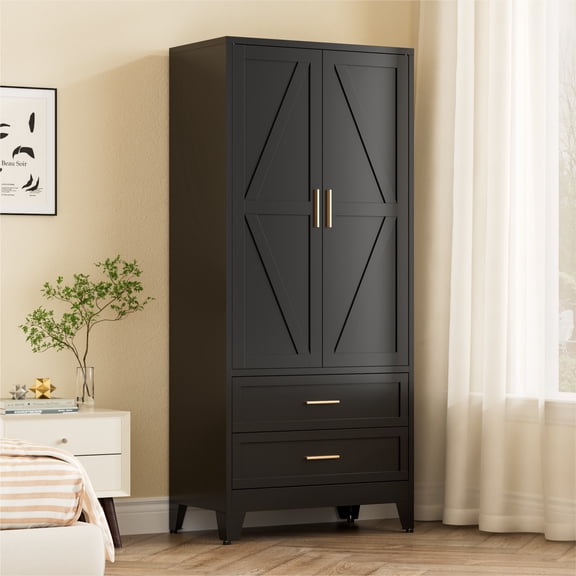 Black Metal Wardrobe Cabinet, 71" Tall Freestanding Farmhouse Armoire with Drawers and Shelf for Hanging Clothes, 2 Rustic Geometric Barn Doors Design Storage Cabinets for Bedroom