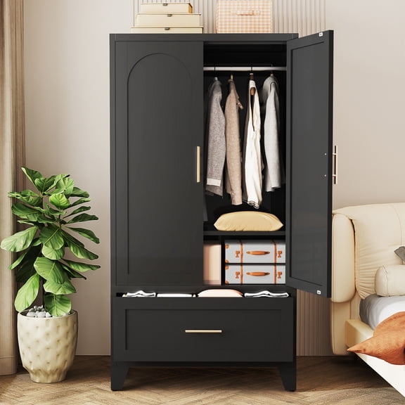 Black Metal Wardrobe Cabinet with Arched Design - 60" Freestanding Closet Armoire with 1 Drawer, Hanging Rod & Adjustable Shelf - Heavy Duty Storage Organizer for Bedroom, Nursery & Dorm