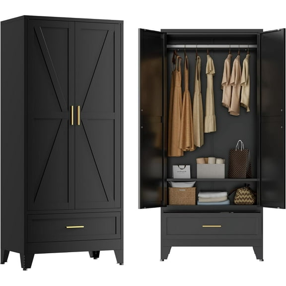 Black Metal Wardrobe Cabinet for Bedroom, 71" Tall Freestanding Closet System with Drawer and Shelf, Hanging Rod Clothing Organizer with Two Doors, Farmhouse Steel Wardrobe Bedroom Armoires