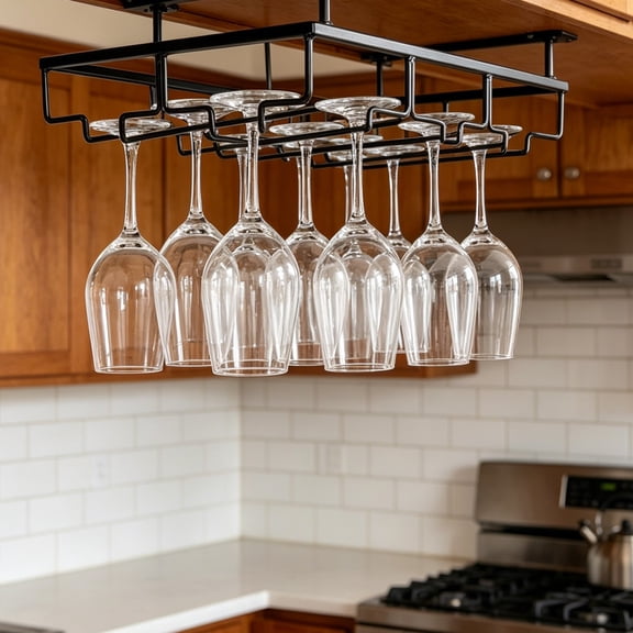 Black Metal Wine Glass Hanger - Cabinet Stemware Rack Organizer with 4 Slots - Upside Down Cup Holder for Kitchen, Bar, and RV Storage