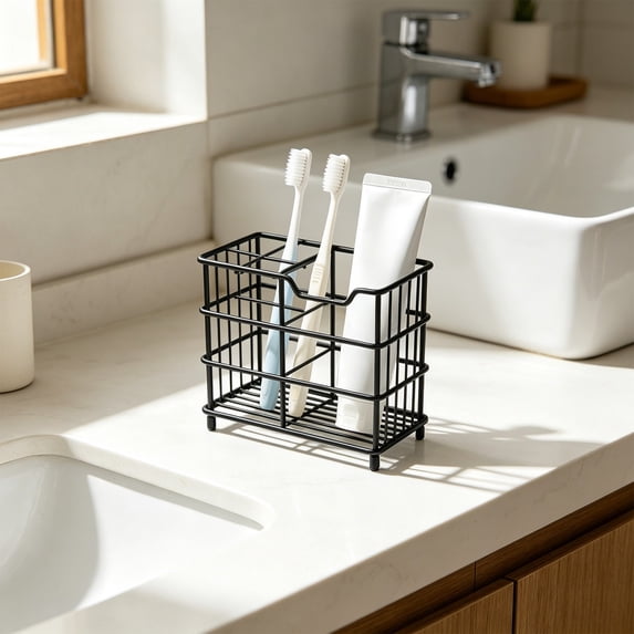Black Metal Wire Toothbrush Holder, Multi Compartment Bathroom Countertop Organizer Rack for Toothpaste Facial Cleanser Makeup Brushes Bathroom Accessory Storage Caddy