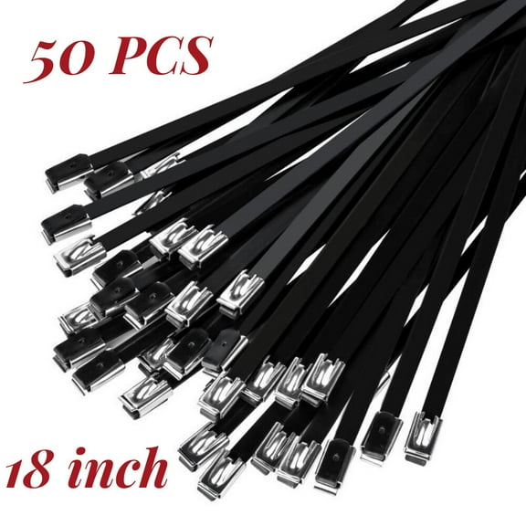 Black Metal Zip Ties, 50pcs Heavy Duty 304 Stainless Steel Epoxy Coated Wrap