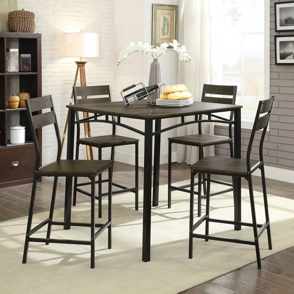 Dining Room Industrial Style Antique Brown 5pc Dining Set Counter Height Table 4x High Chairs Metal