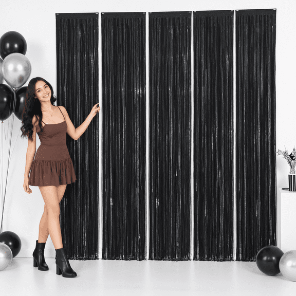 Black Metallic Foil Fringe Party Streamers, 5 Packs, 3.28ft x 9.85ft Each