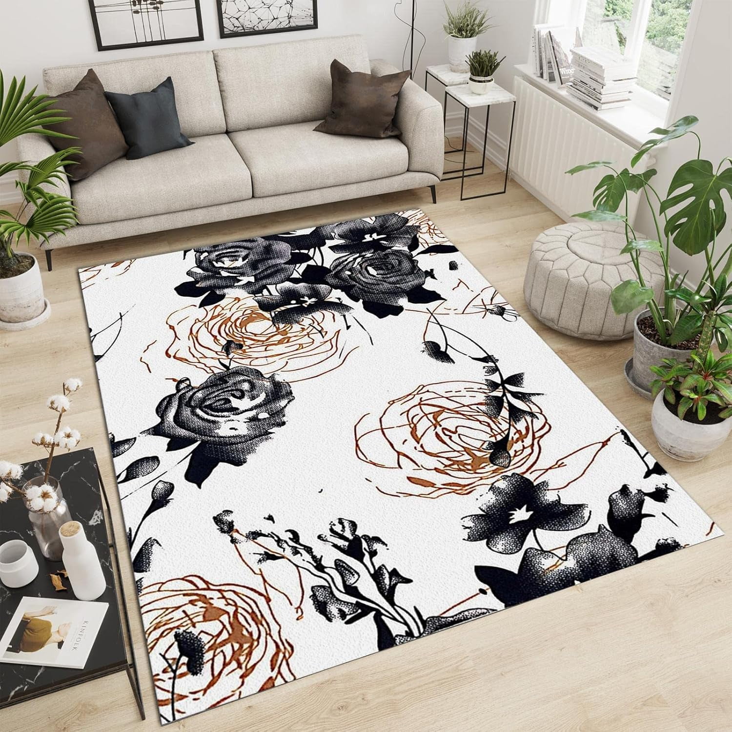 Black Metallic Rose Area Rug, Modern Minimalist Romance Indoor Non ...