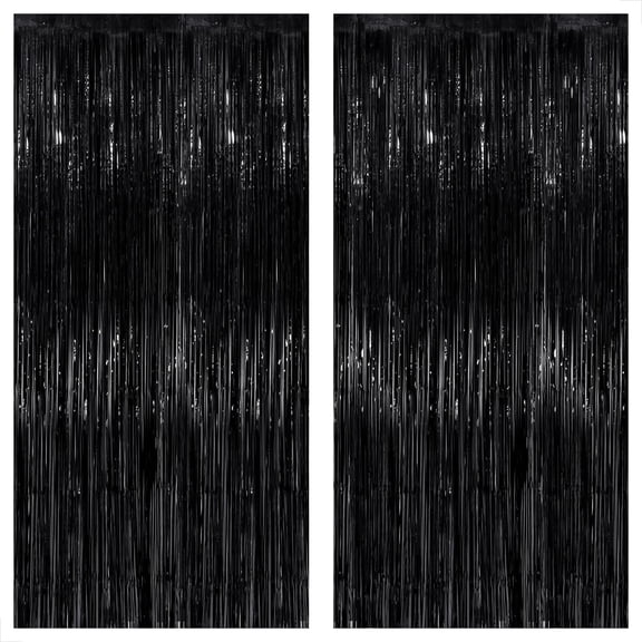 Black Metallic Tinsel Foil Fringe Curtains, 2 Pack 3.3x6.5 Feet Party Streamer Curtains for Birthday Party Decorations, Halloween Decor, Foil Curtain Backdrop for Bachelorette Party