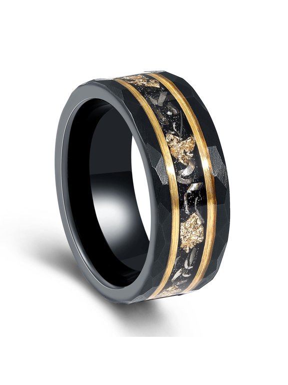 Black Meteorite Tungsten Ring Hammered Crushed Gold Leaf Ring men's Ring Anniversary Ring 8mm Ring