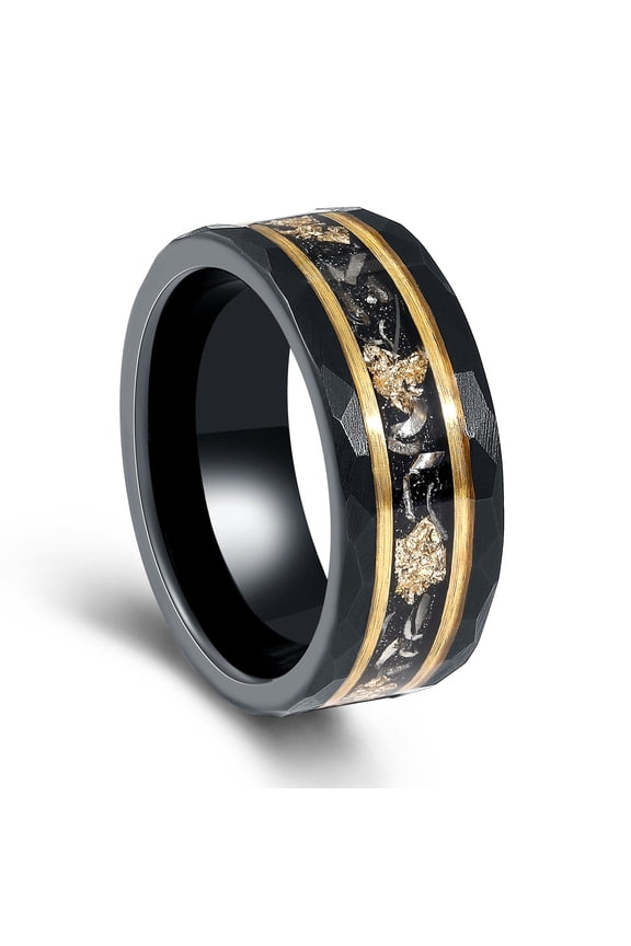 Black Meteorite Tungsten Ring Hammered Crushed Gold Leaf Ring men's Ring Anniversary Ring 8mm Ring