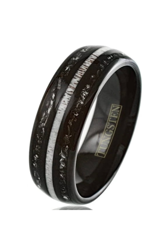 Black Meteorite Wedding Band Ring for Men Tungsten Carbide Ring Deer Antler