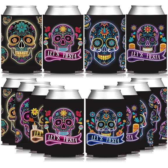 Black Mexican Fiesta Skull Face Can Sleeve Holder 12PCS, Dia De Muertos Death of the Day Beverage Drink Bottle Cooler Cover, Cinco de Mayo Birthday Bridal Shower Bachelorette Gift Decorations