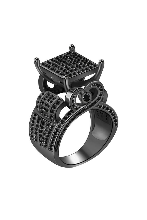 Black Micro Cubic Zirconia Pave Square Cocktail Ring, Fashion Wide Band Ice Out Hip Hop Ring for Women (Black, Size 11)