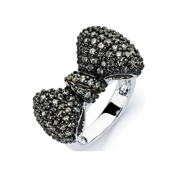 Black Micro Pave Set Cubic Zirconia Bow Ring Two Tone Rhodium Plated Sterling Silver Size 7