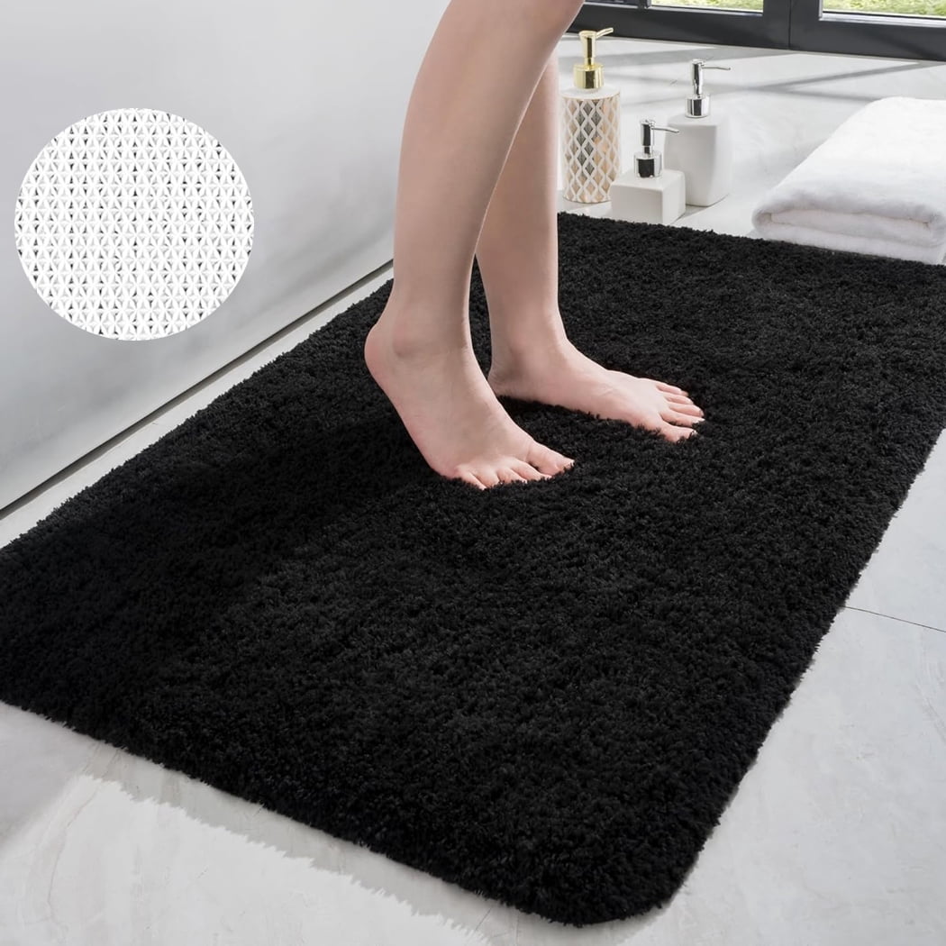 Black Microfiber Bathroom Rugs Non-Slip Backing Absorbent 18" x 28" Soft Comfortable Bath Mats Machine Washable
