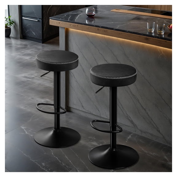 Black Microfiber Leather Bar Stools Set Of 2 Round Swivel Adjustable Height Backless Counter Stools