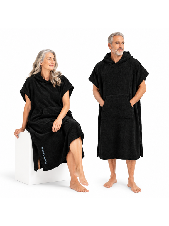 Black Microfiber Polyester Surf Poncho Changing Robe, Adult Unisex Wearable Towel for Beach and Pool