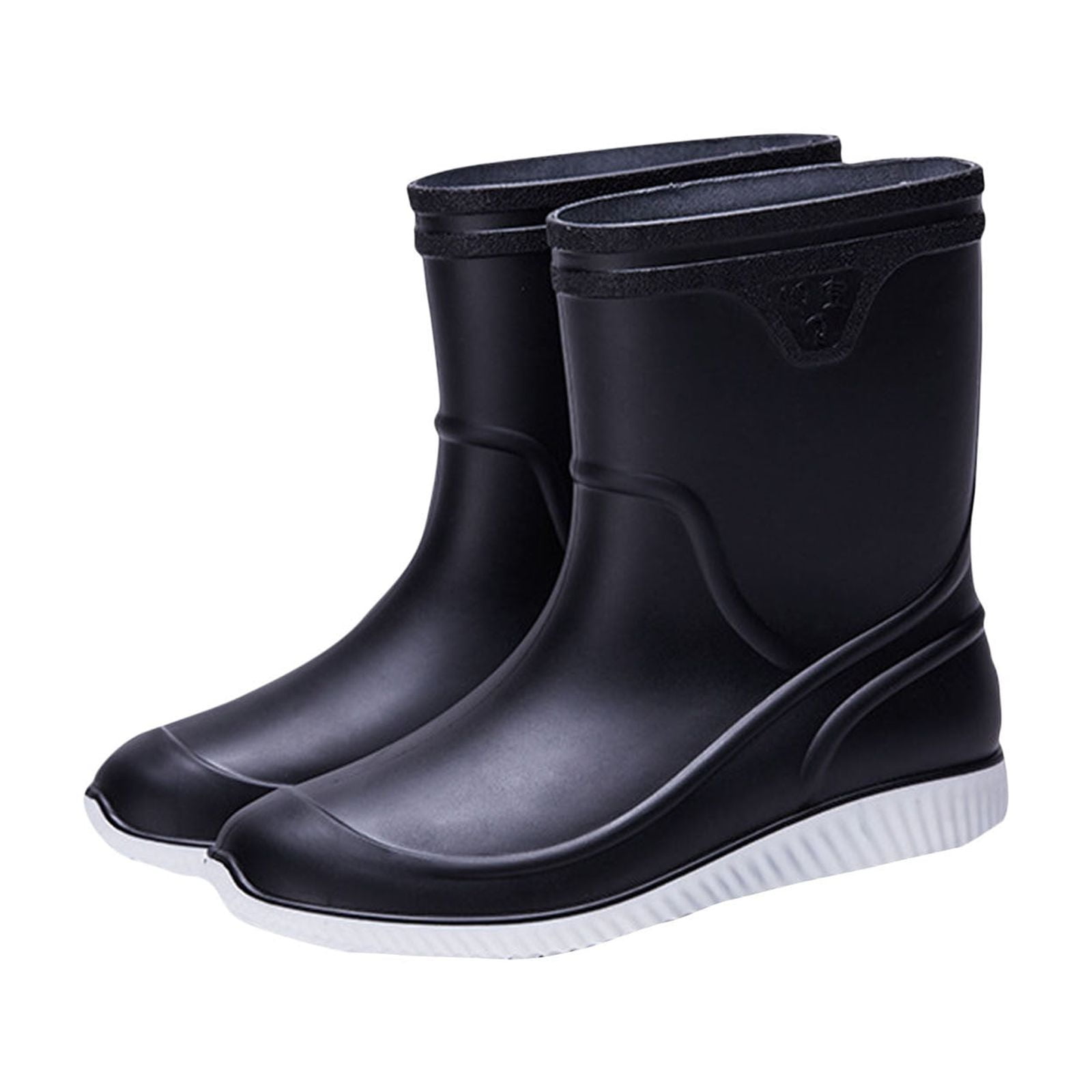 Black Mid Calf Rain Boots For Men Waterproof Non-Slip Rubber Shoes Casual Outdoor Indoor Footwear Slip On Flock Upper Sole Heel Height 1.97 Inches (1 Pair) (Size 39Eu)