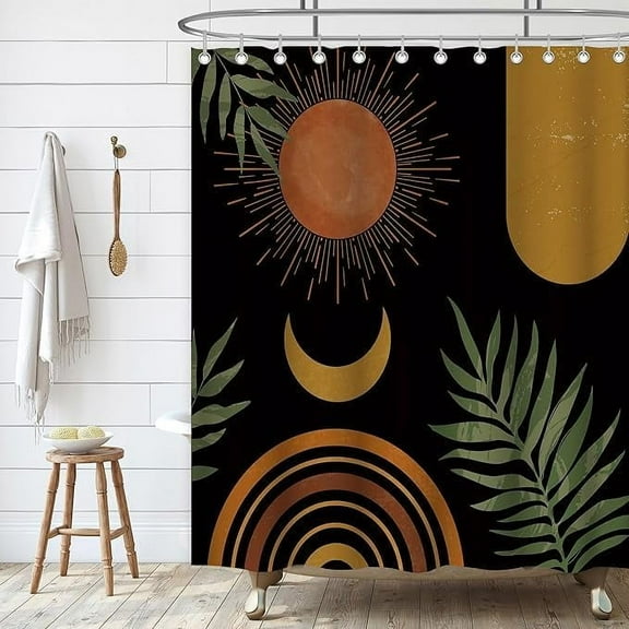 Black Mid Century Abstract Shower Curtain, Yellow Boho Aesthetic Shower Curtains Waterproof Fabric for Bathroom Decor Green Nature Leaf Sun Vintage Shower Curtain Set with 12 Hooks 72"X72"