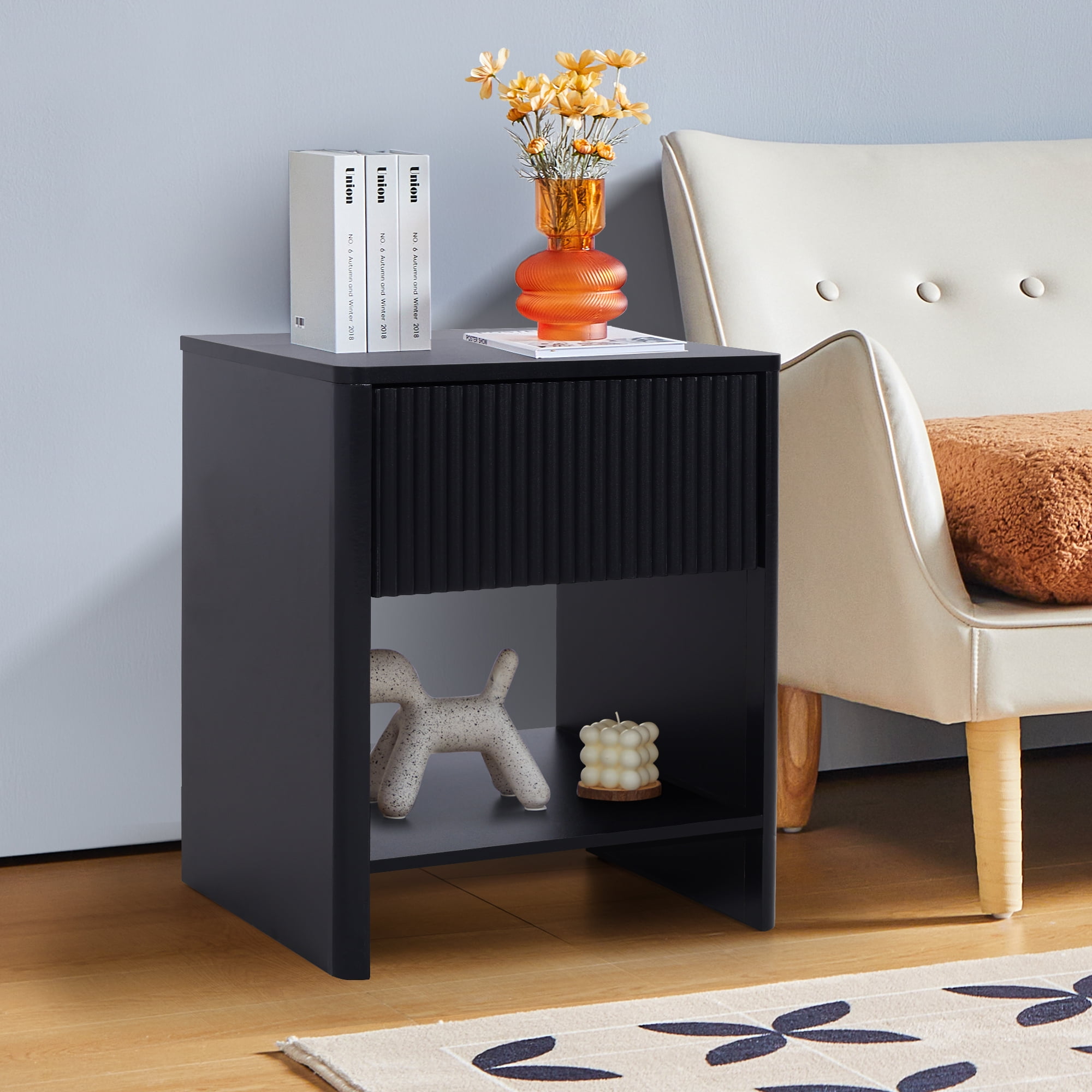 Weselon Modern Fluted Nightstand, Curved Side Bedside Table with Drawer and Open Shelf for Bedroom, Black
