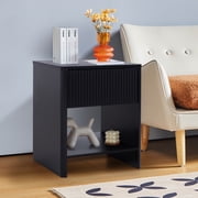 Weselon Modern Fluted Nightstand, Curved Side Bedside Table with Drawer and Open Shelf for Bedroom, Black
