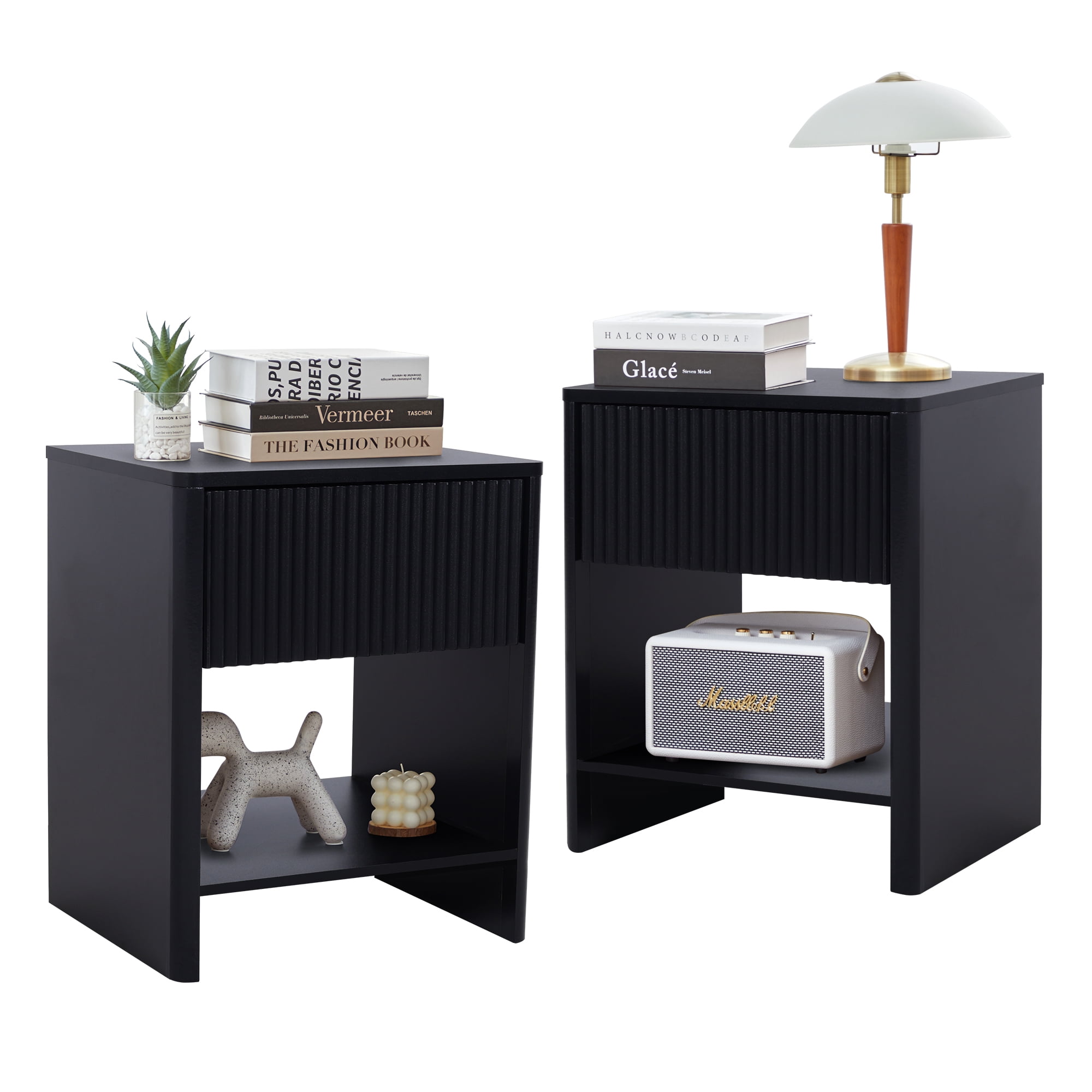 Weselon Modern Fluted Nightstand Set of 2, Curved Side Bedside Table with Drawer and Open Shelf for Bedroom, Black