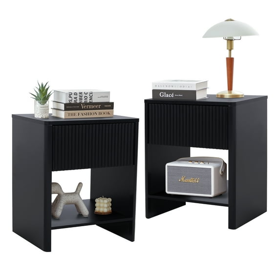 Weselon Modern Fluted Nightstand Set of 2, Curved Side Bedside Table with Drawer and Open Shelf for Bedroom, Black