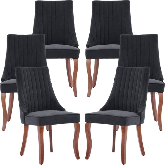 Black Mid Century Dining Chairs Set of 6, Modern Kitchen & Dining Room Chairs Set of 6, Linen Upholstered Kitchen Chairs for Dining Table, Sillas de Comedor, Wood Legs (Black, 6 Pcs)