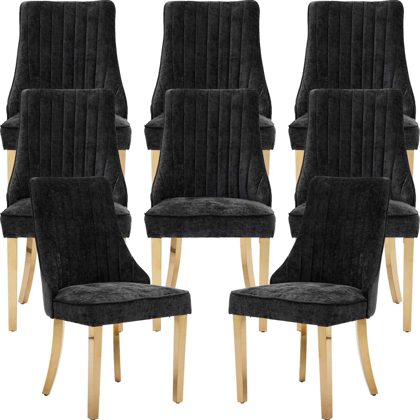 Black Mid Century Dining Chairs Set of 8, Modern Kitchen & Dining Room Chairs Set of 8, Chenille Fabric Upholstered Kitchen Chairs for Dining Table, Sillas de Comedor, Gold Legs (Black, 8 Pcs)