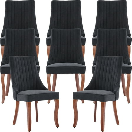 Black Mid Century Dining Chairs Set of 8, Modern Kitchen & Dining Room Chairs Set of 8, Linen Upholstered Kitchen Chairs, Sillas de Comedor, Wood Legs (Black, 8 Pcs)