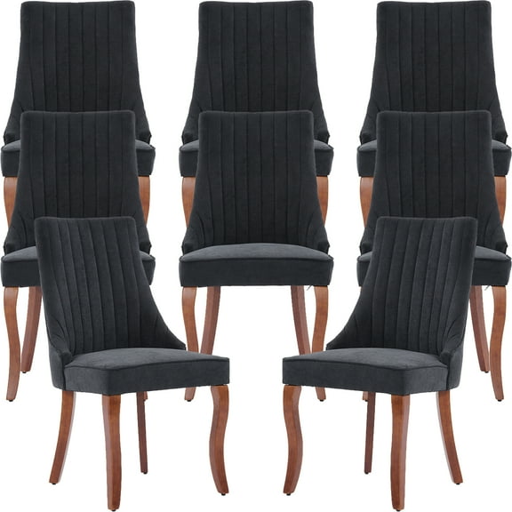 Black Mid Century Dining Chairs Set of 8, Modern Kitchen & Dining Room Chairs Set of 8, Linen Upholstered Kitchen Chairs, Sillas de Comedor, Wood Legs (Black, 8 Pcs)