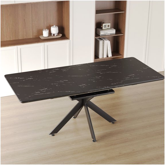 Black Mid-Century Expandable Table with Metal X-Base for Dining and Conference