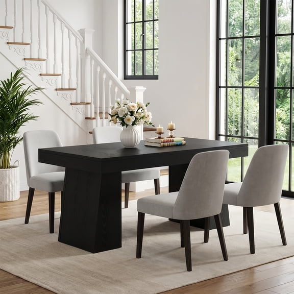 Black Mid-Century Modern Dining Table 55-Inch, Rectangular Wood Kitchen Table With Double Pedestal, Sturdy Dining Table Seats 4-6 For Small Space, Dining Room & Home