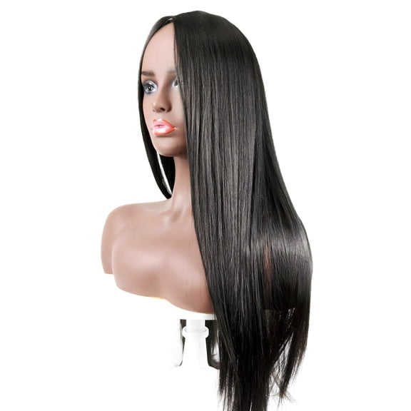 Black Mid-Length Straight Hair Wig, Breathable High Temperature Wire Mechanism Full Headgear Wig with Comfortable Intranet fo