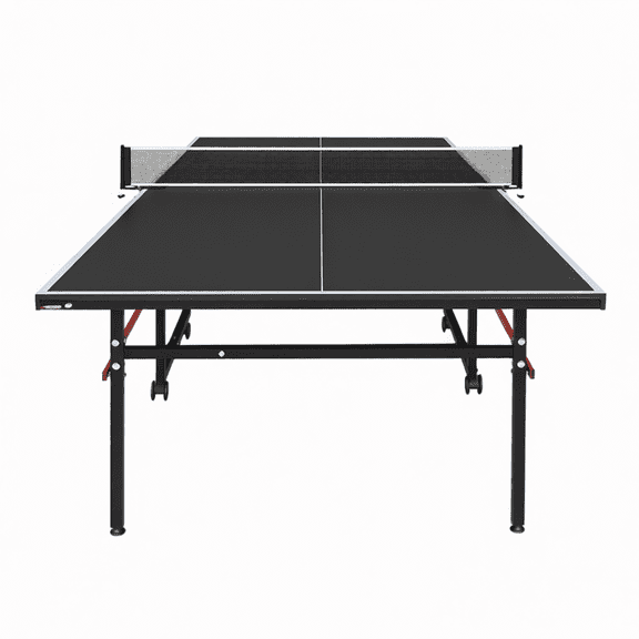 Black Mid-Size Folding Table Tennis Table Set with Net, 2 Paddles, 3 Balls, Portable Ping Pong Table with Wheels for Indoor Outdoor Games