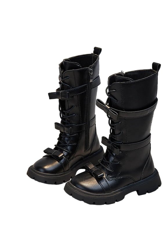 Black Mid-Top Boots For Girls, Featuring Side Zipper And Secure Closure, Reliable Fit For Active Kids, Comfortable For Outdoor Use