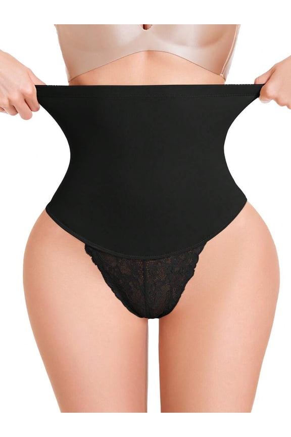 Black Mid-Waist Shaping Thong with Lace Trim – Tummy Control Compression Panty