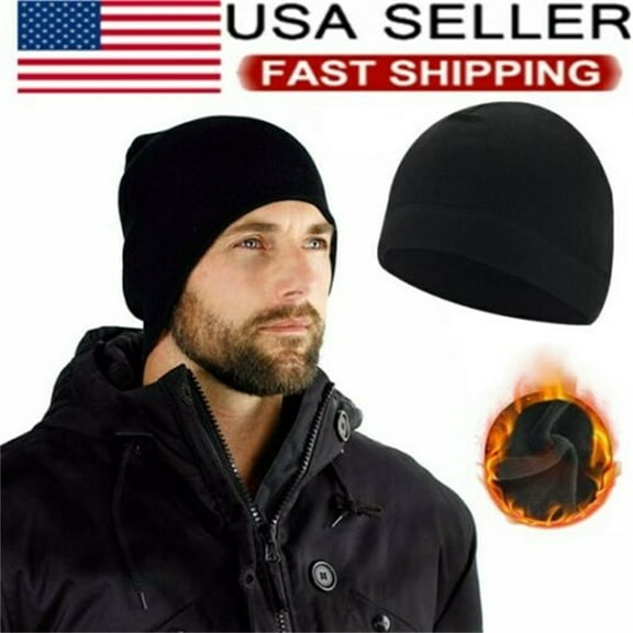 Black Military Tactical Skull Cap Winter Warm Fleece Windproof Ski Short Ski Beanie Hats Outdoor Sports Plain Solid Cuff For Men Women (1 Pack)