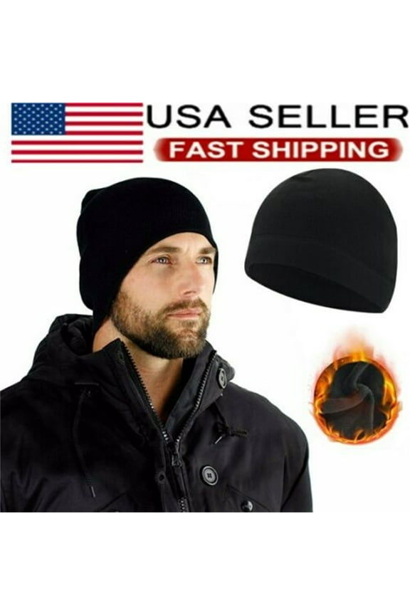 Black Military Tactical Skull Cap Winter Warm Fleece Windproof Ski Short Ski Beanie Hats Outdoor Sports Plain Solid Cuff For Men Women (1 Pack)