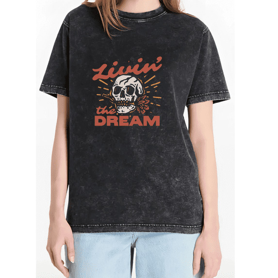 Black Mineral Wash Livin' The Dream Skull Vintage Western Graphic Tees Print Tshirt Shirts Retro Edgy Lover Tops S-2XL