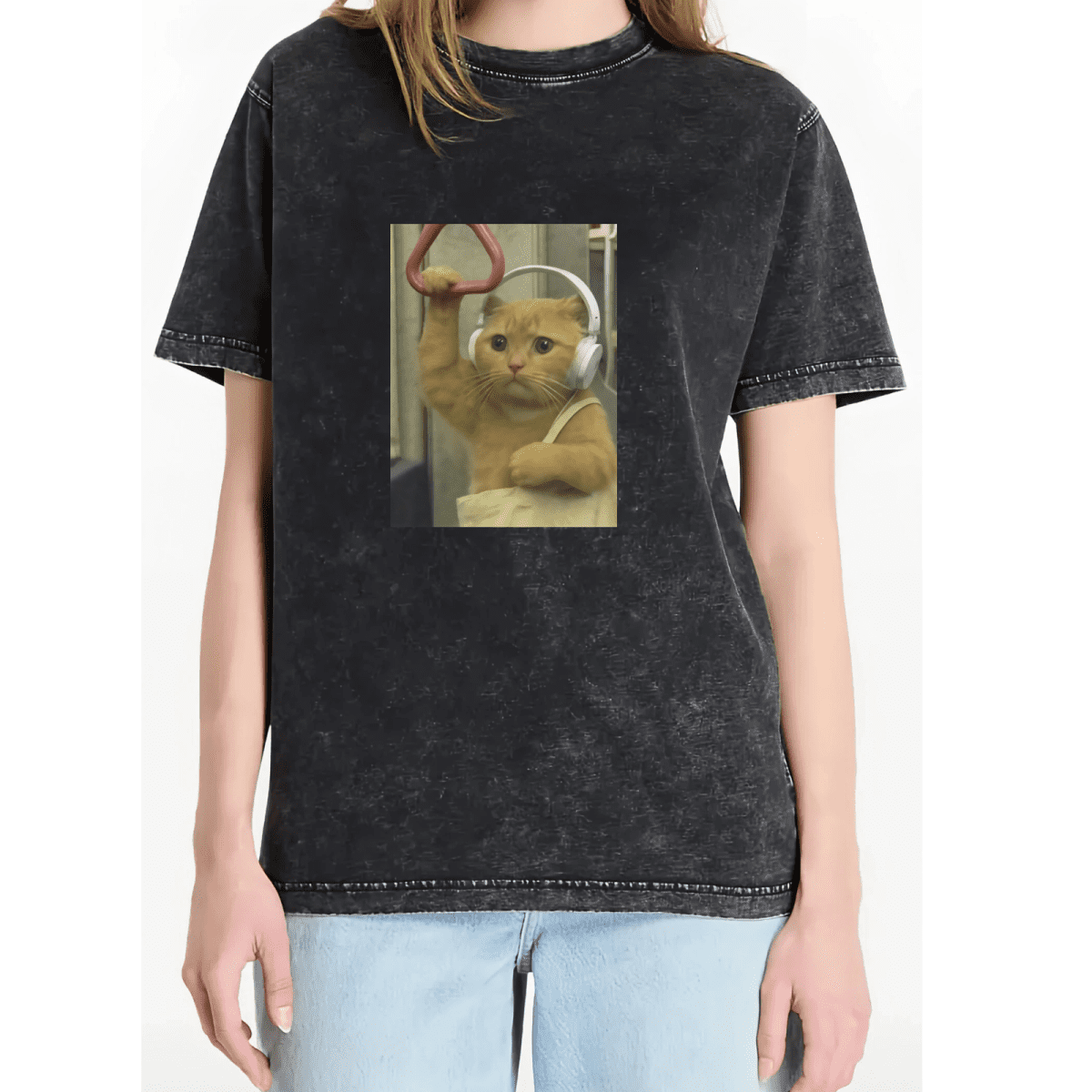 Black Mineral Wash Subway Cat With Headphones Funny Meme Graphic Tees ...