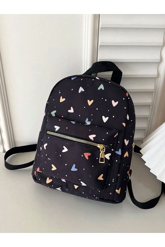 Black Mini Backpack With Colorful Heart Print And Front Zip Pocket